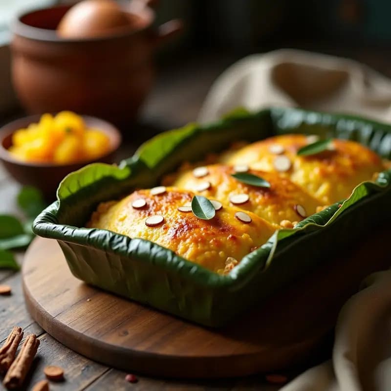 Pastel de Carne Sudafricano con Hojas de Banano (Bobotie Tradicional) horneado en molde rectangular, dorado por encima con topping de huevo y almendras fileteadas, servido en tabla de madera con fondo rústico.