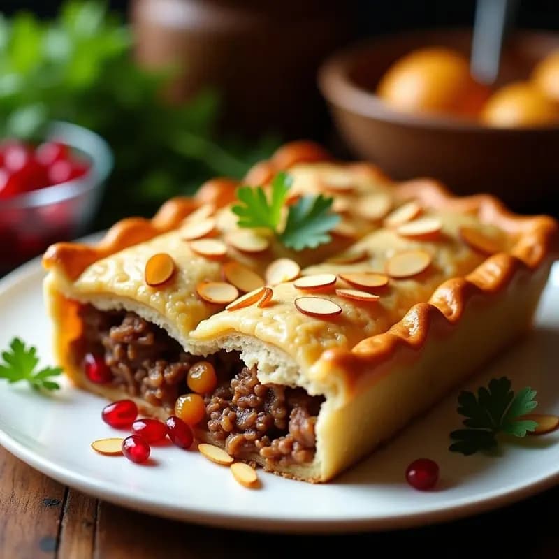 Pastel de Carne Iraní con Granada y Albaricoques horneado en molde rectangular, con superficie dorada de puré de patatas, almendras fileteadas tostadas y semillas de granada rojas brillantes, servido con yogur griego y hojas de menta fresca.
