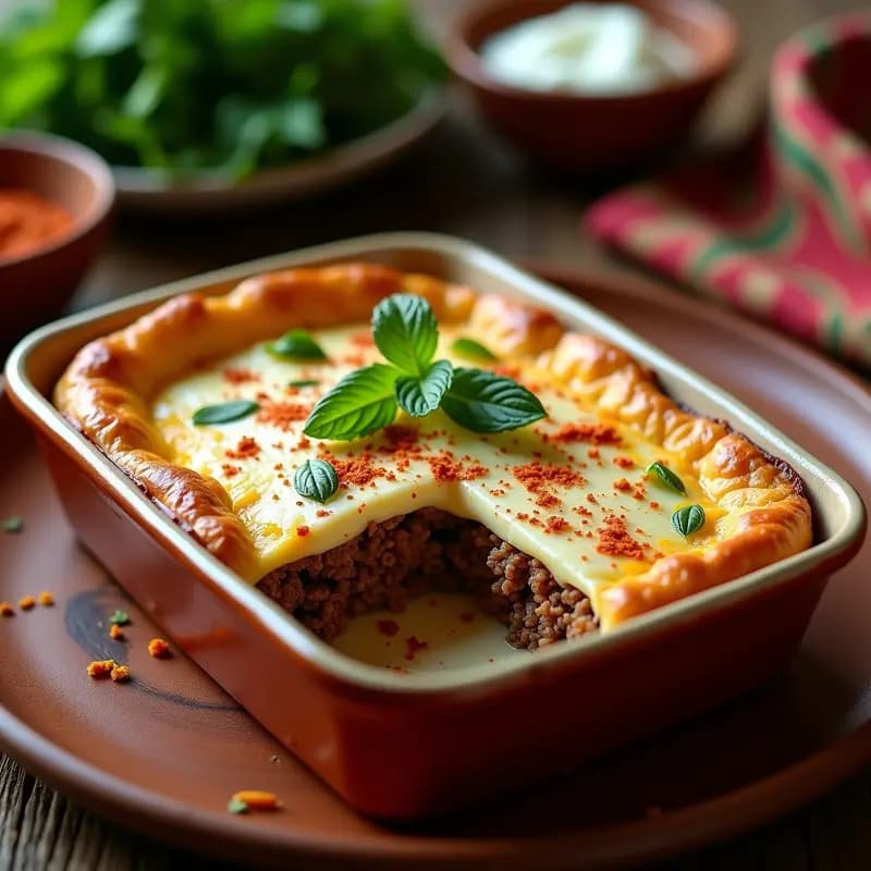 Pastel de carne libanés dorado al horno, capas de carne especiada con yogur cremoso y hierbas frescas, servido en fuente de barro con toque rústico.