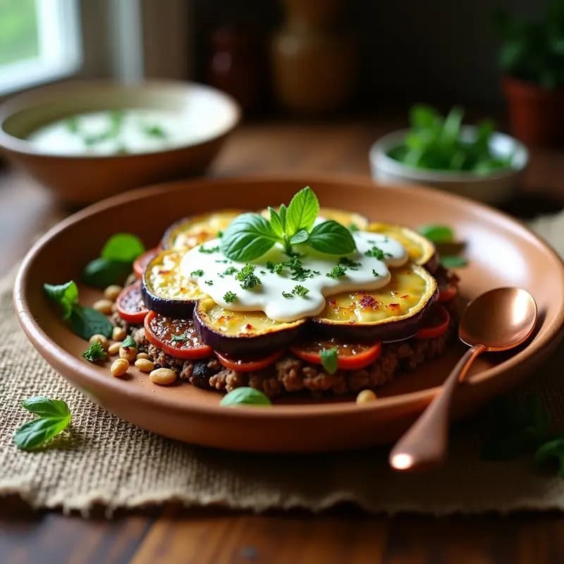 Pastel de carne libanés en capas con berenjenas asadas doradas, carne de cordero especiada con piñones tostados y salsa cremosa de yogur con menta fresca, servido en molde rectangular de cerámica blanca sobre fondo rústico de madera.