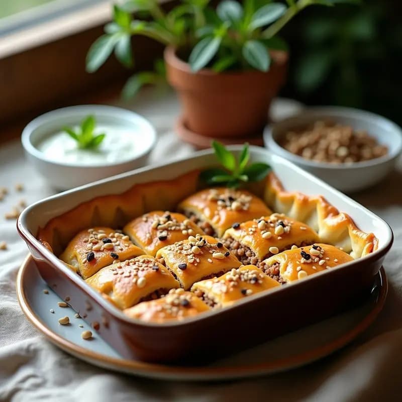 Pastel de carne libanés en molde rectangular, con capas visibles de base dorada de garbanzos, relleno de carne especiada y topping de piñones y sésamo. Acompañado de salsa cremosa de yogur y menta en un bol aparte, sobre fondo rústico de madera.