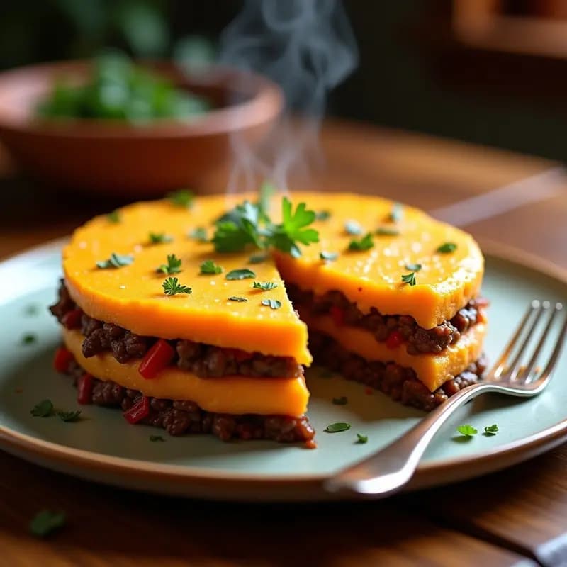 Pastel de carne y puré de batata en capas servido en molde redondo, con carne jugosa entre dos capas de puré de batata cremoso y naranja, decorado con almendras tostadas y huevo picado. Receta argentina sin horno.