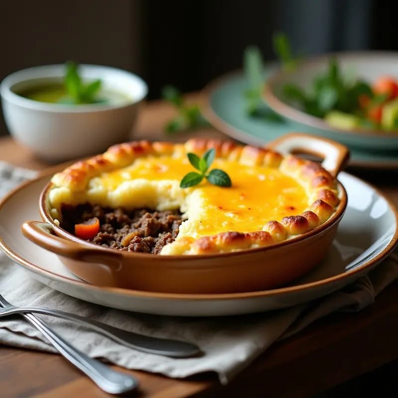 Pastel de carne británico keto en molde de barro, con capas visibles de carne de cordero y ternera salteada, cubierto por un puré dorado de coliflor y queso cheddar gratinado, acompañado de salsa verde de menta fresca en un cuenco pequeño.