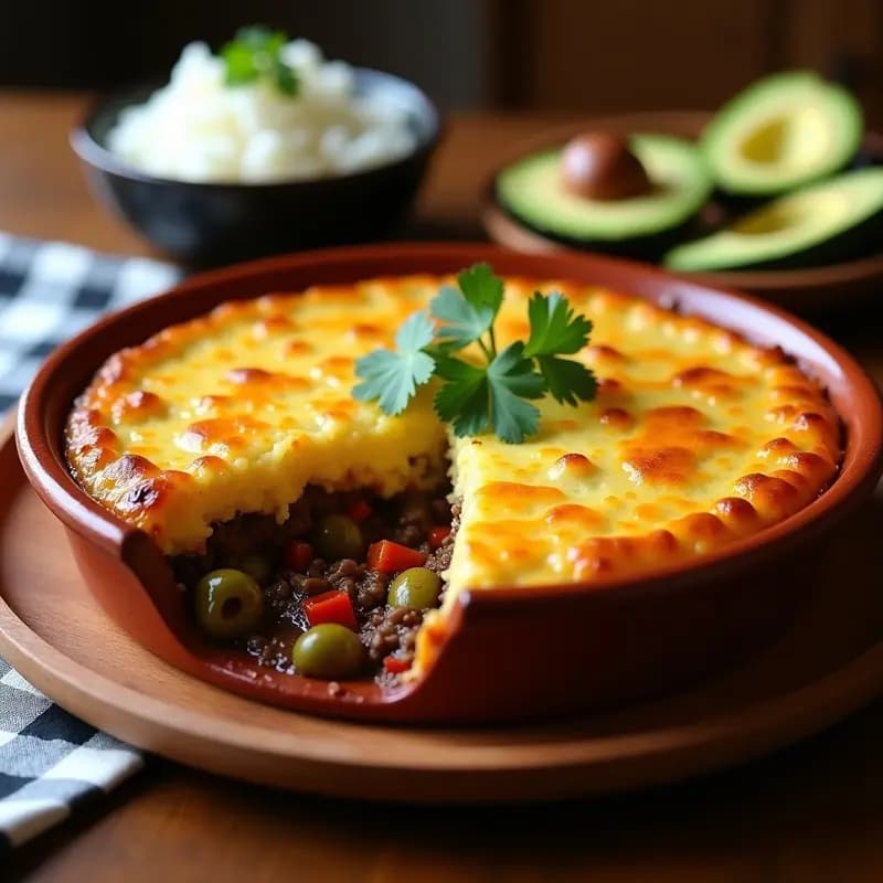 Pastel de carne y puré de ñame cubano en olla exprés, con capas de carne mechada especiada y puré de ñame cremoso, gratinado al horno y decorado con cilantro fresco.
