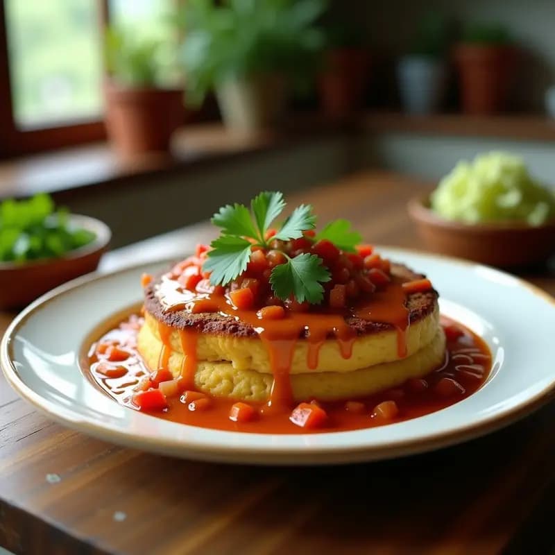 Pastel de carne y puré de ñame con salsa criolla servido en plato blanco, mostrando capas doradas de puré y carne, acompañado de salsa fresca de tomate, cebolla y cilantro.