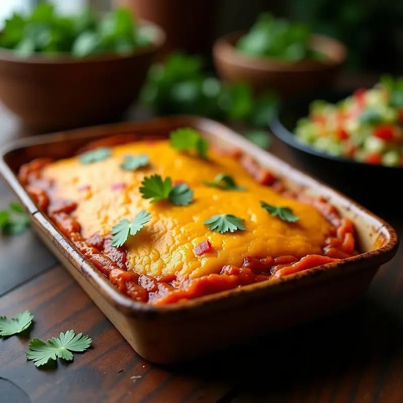 Pastel de Carne de Res y Ñame en molde rectangular, con capas visibles de puré de ñame dorado y carne de res estofada con achiote. Decorado con hojas de cilantro fresco sobre fondo rústico de madera.