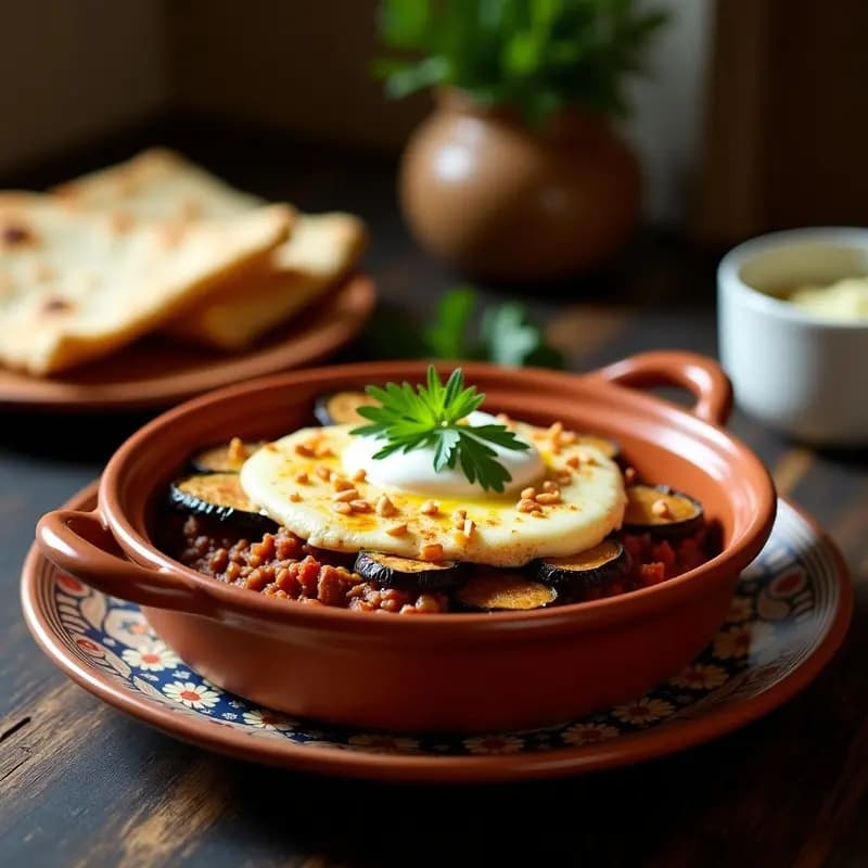 Pastel de carne turco con capas visibles de berenjena asada, carne picada especiada y rodajas de tomate, coronado con yogur griego y granada en un plato de cerámica blanca sobre fondo rústico.