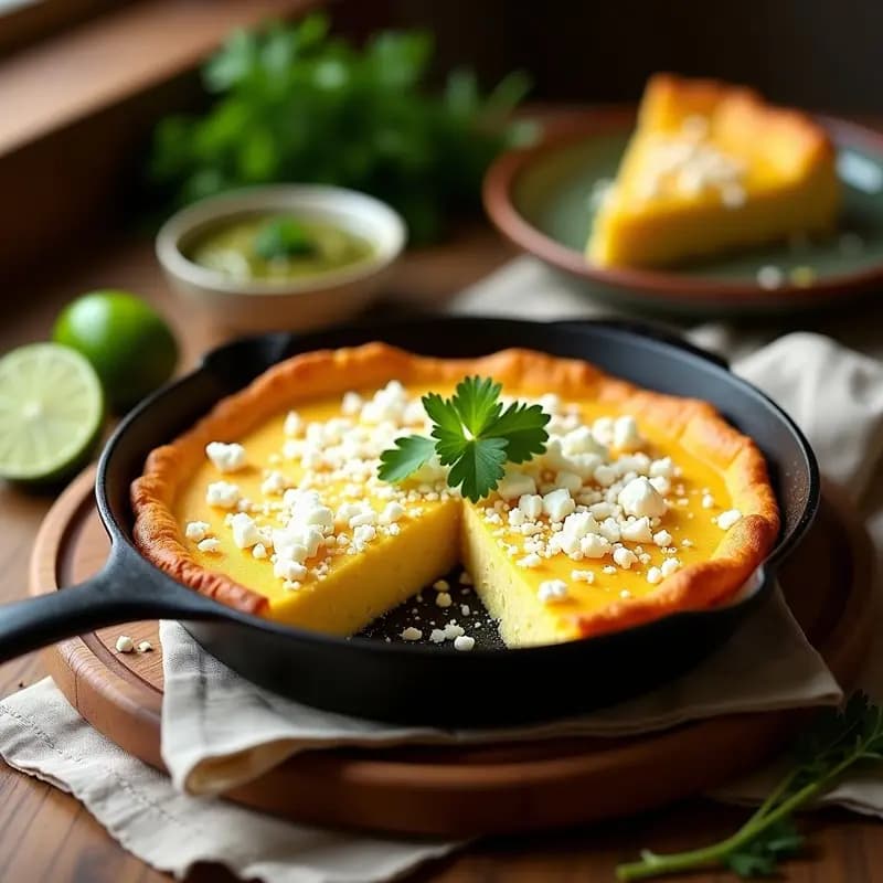 Pastel de elote con queso cotija dorado en sartén de hierro, con bordes crujientes y queso derretido en la superficie, acompañado de rodajas de limón y hierbas frescas.