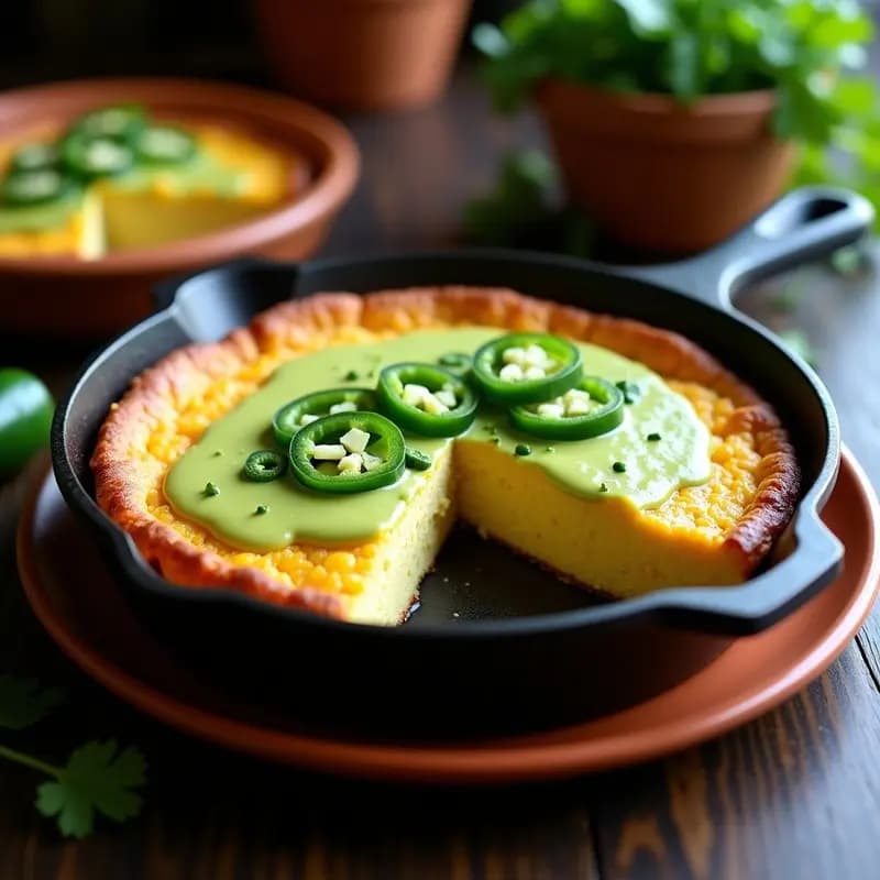 Pastel de elote y queso Oaxaca dorado en molde redondo, decorado con jalapeños y crema de aguacate verde, servido en plato de barro con cilantro fresco.