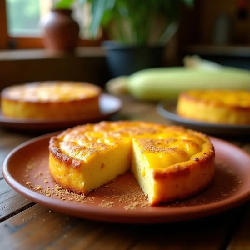 Pastel de elote y queso Oaxaqueño dorado recién horneado, con textura esponjosa y trozos de queso derretido, servido en un plato de barro rústico con hojas de epazote como decoración, receta mexicana para desayunar o merendar.
