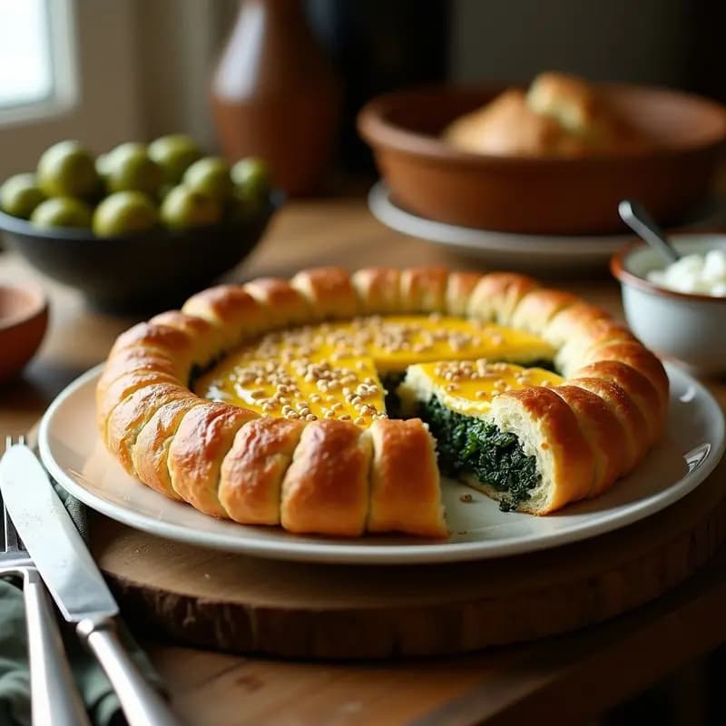 Pastel de espinacas y feta en hojaldre dorado, recién horneado, con capas crujientes y semillas de sésamo en la superficie. Receta griega rápida con masa comprada, servido en bandeja de madera con un cuchillo junto a un plato de aceitunas.