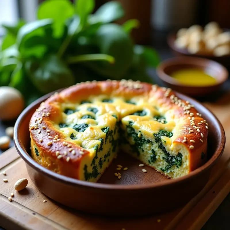 Pastel griego sin lactosa de espinacas y queso feta de anacardos en molde redondo, con base dorada de anacardos y lino, relleno verde esponjoso y superficie ligeramente crujiente, servido en plato de barro con ensalada fresca al lado.