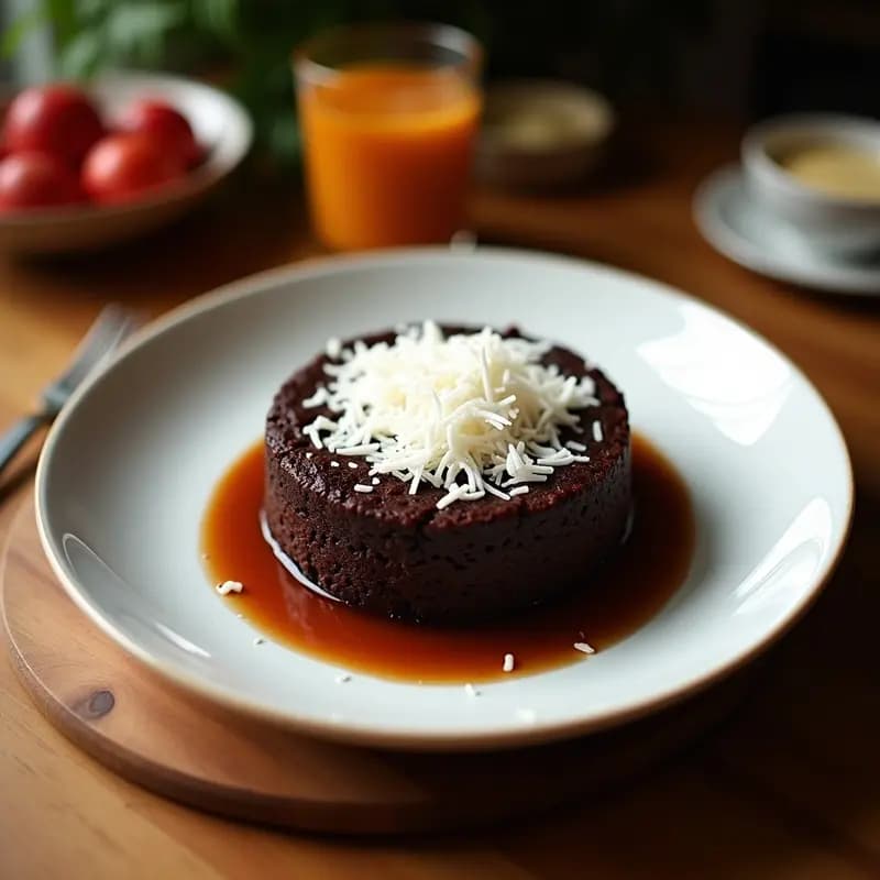 Pastel de feijão preta con yuca y coco rallado en molde redondo, decorado con coco rallado tostado y almendras fileteadas, sobre un plato de cerámica blanca con fondo rústico.