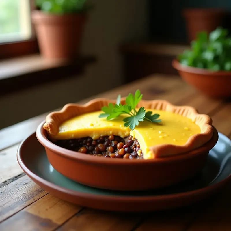 Pastel de feijoada vegana con puré de yuca en olla lenta: capa oscura de frijoles negros y hongos shiitake cubiertos por un puré cremoso y dorado de yuca, servido en molde de barro con hojas de cilantro fresco.