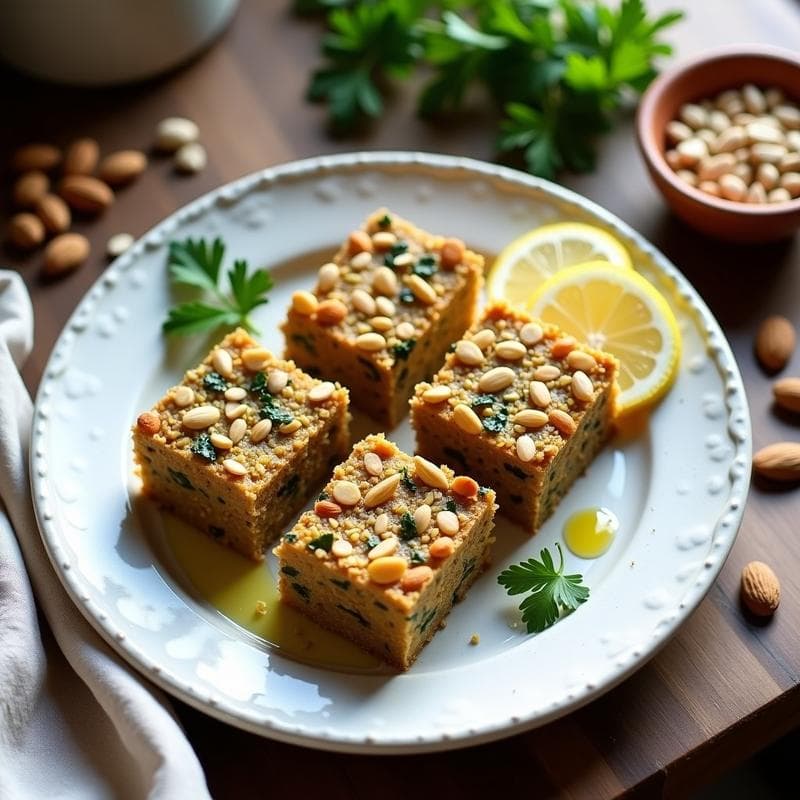 Pastel vegano de lentejas y calabacín con costra dorada de almendras, servido en plato blanco sobre fondo rústico de madera. Vista cenital con decoración de perejil fresco y hilo de aceite de oliva.