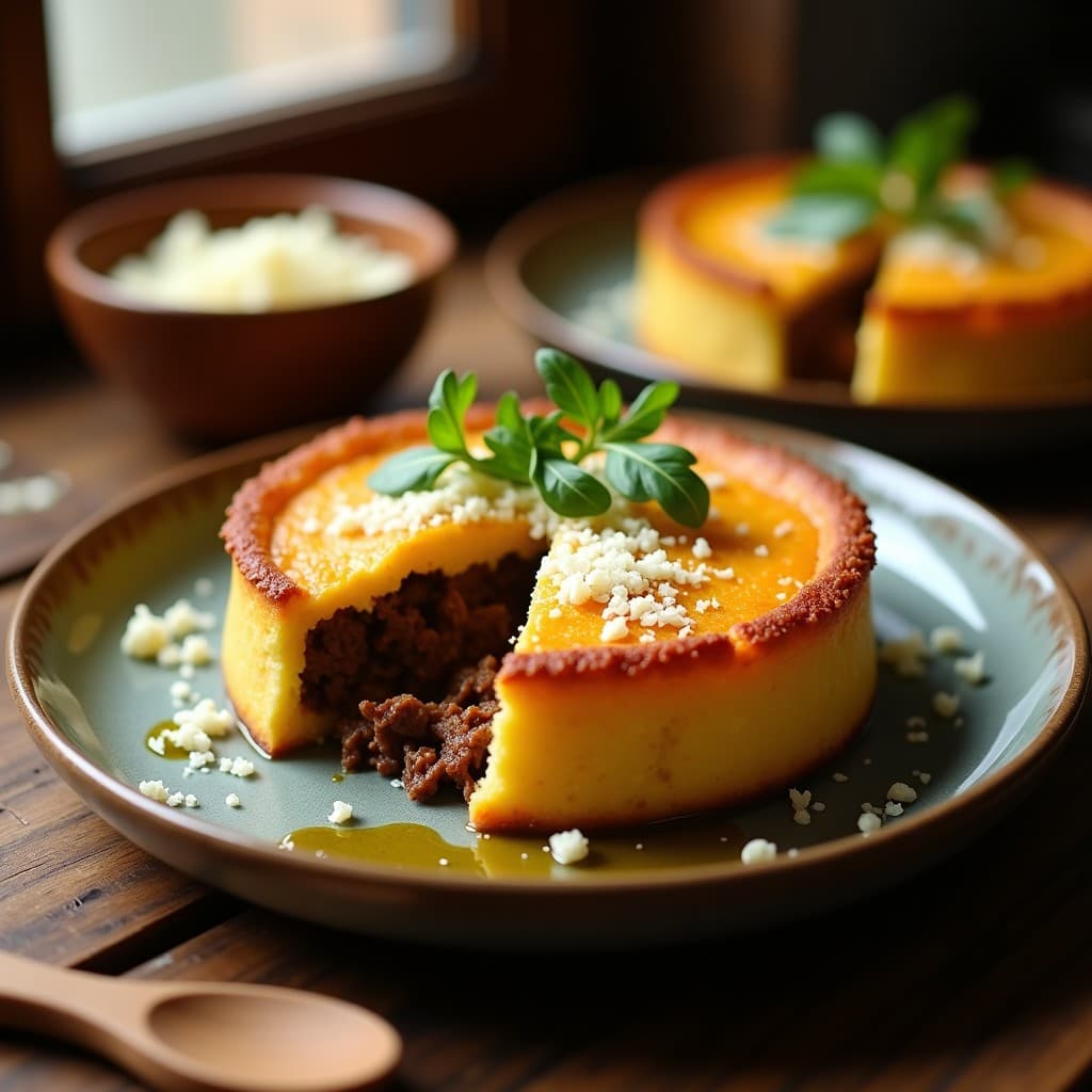 Pastel de mandioca y carne de res brasileño keto en olla lenta, servido en molde redondo con capa dorada de mandioca y relleno jugoso de carne desmenuzada, decorado con queso parmesano rallado y aceite de oliva.