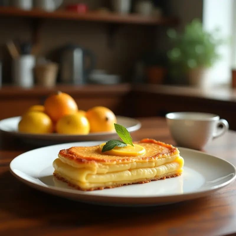 Pastel de manzana alemán tradicional sin lactosa, B Unabhängiger Kuchen, con miga dorada y esponjosa, gajos de manzana verde asomando y almendras fileteadas en la superficie, servido en un plato de cerámica blanca sobre un mantel de lino.