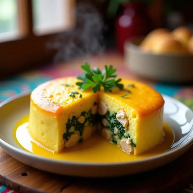 Pastel de papa peruano con ají amarillo cortado en porciones, mostrando capas de puré de papa amarilla y relleno verde de garbanzos y espinacas, espolvoreado con semillas de sésamo doradas. Plato tradicional andino sin lácteos, servido en fuente de barro.
