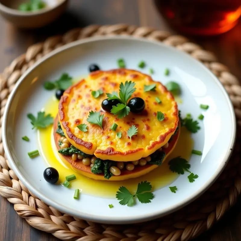 Pastel de papa peruano vegano con ají amarillo sin horno, servido en plato blanco con rodajas de limón y crema de ají amarillo, decorado con cilantro fresco.
