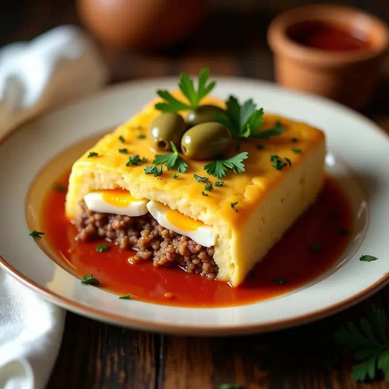 Pastel de papa argentino dorado al horno en molde rectangular, con capas visibles de puré de papa, relleno de carne picada, huevos duros en rodajas y aceitunas, acompañado de salsa de tomate casera brillante.