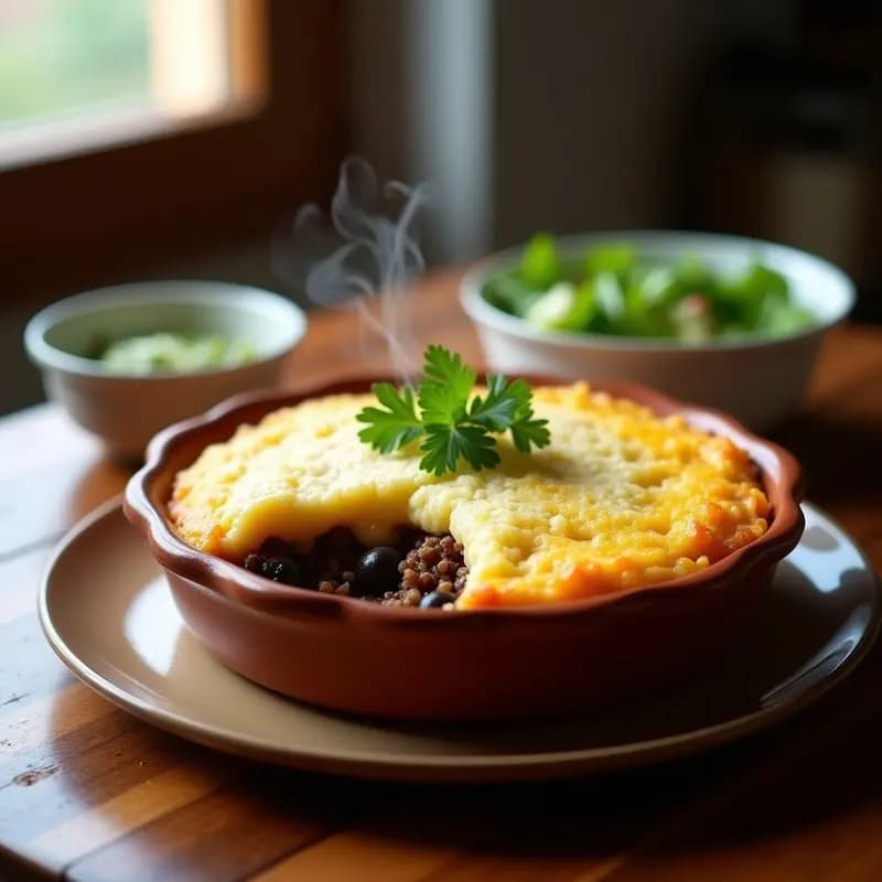 Pastel de papa relleno de carne y aceitunas negras en molde de barro, con superficie dorada y queso gratinado. Capas visibles de puré de papa cremoso y relleno jugoso de carne con aceitunas. Acompañado de ensalada fresca y decorado con perejil.