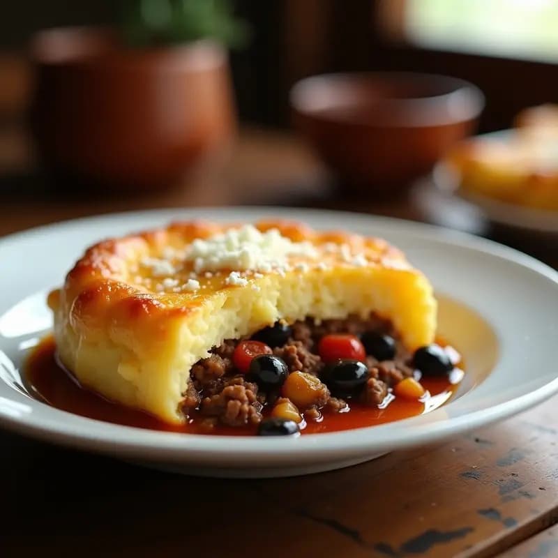 Pastel de papa y carne molida al estilo boliviano estilo salteña, con capas de puré dorado y relleno de carne especiada con pasas y aceitunas, servido en porción cuadrada sobre plato blanco.