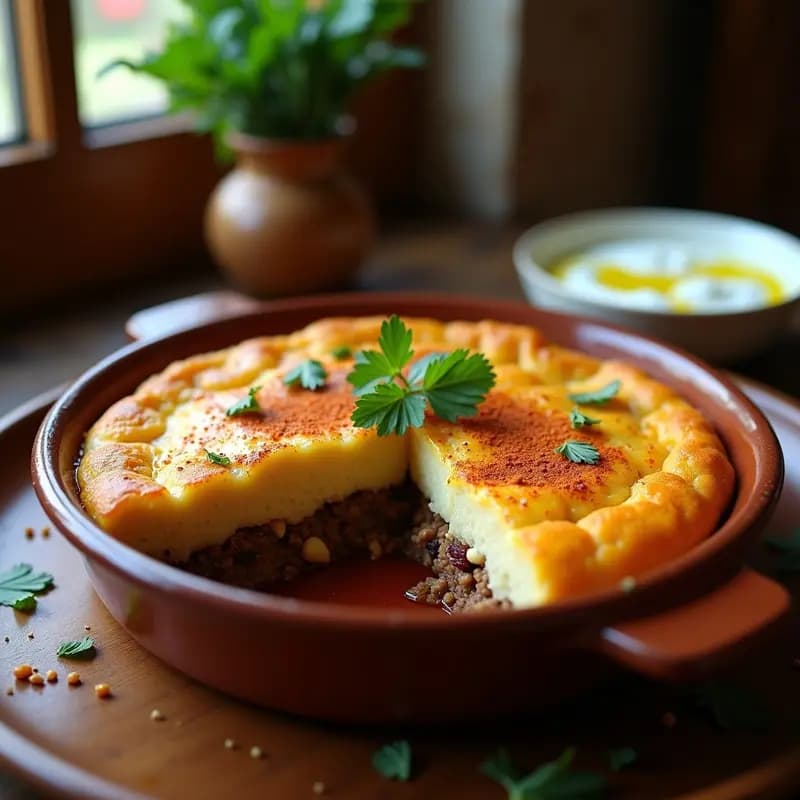 Pastel de papa y carne picada con especias marroquíes en olla lenta, servido en plato hondo con capas doradas de papa, carne especiada y almendras tostadas, acompañado de yogur y hierbas frescas.
