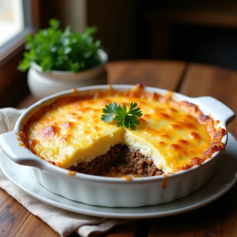Pastel de papa y carne molida con queso Gruyère gratinado al horno, servido en molde de cerámica con capas visibles de puré dorado, carne jugosa y queso derretido burbujeante. Receta francesa reconfortante.