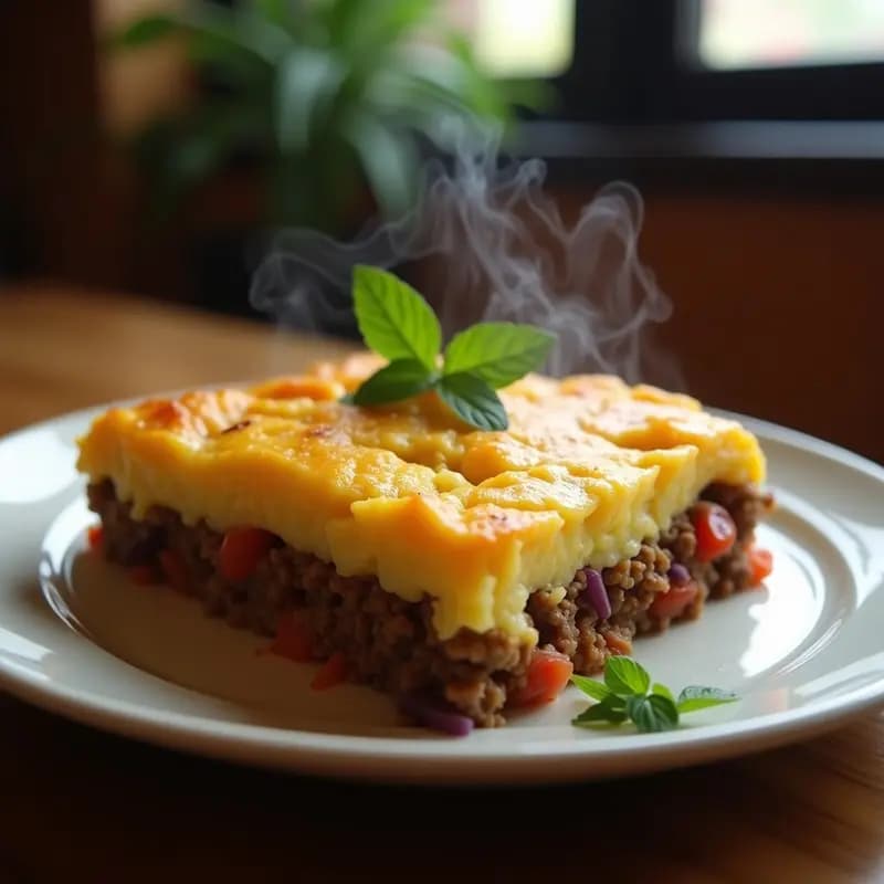 Pastel de papa y carne picada con mashua en molde rectangular, capas visibles de puré de papa dorado, carne picada jugosa y rodajas de mashua. Queso fresco desmenuzado en la superficie, horneado a la perfección. Receta peruana andina con toque internacional.