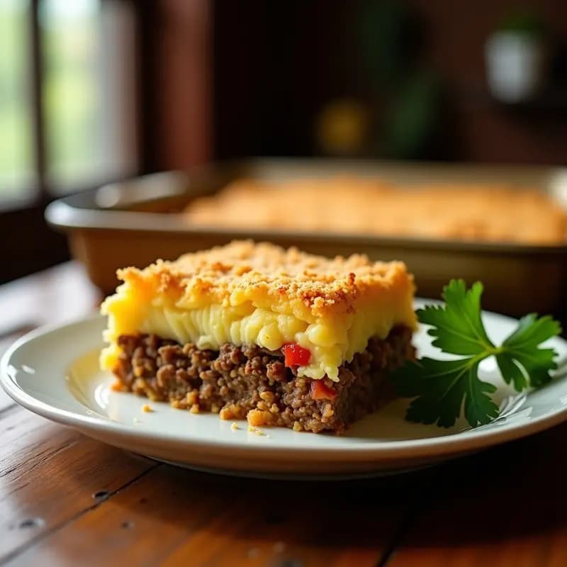 Pastel de papa y carne picada colombiano recién horneado en molde rectangular, con capa dorada y crujiente de pan rallado y parmesano, servido en porción con fondo de hoja de cilantro.