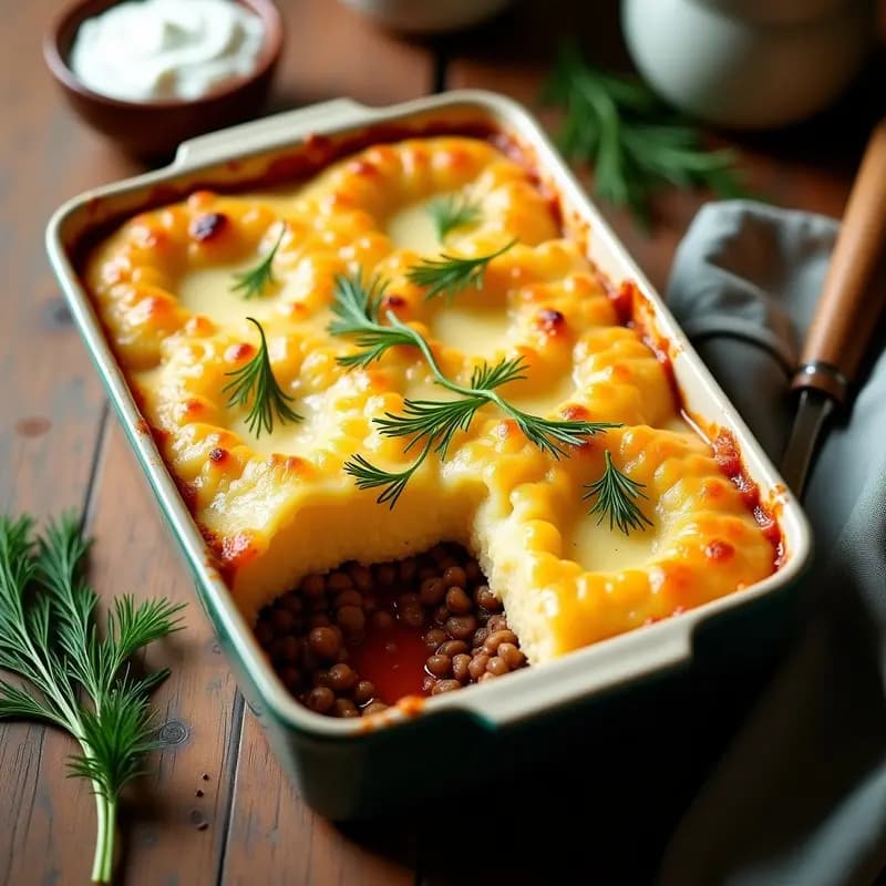 Pastel de papa y carne picada ucraniano gratinado en molde rectangular, con capas doradas de papa, carne picada y queso bryndza fundido, cubierto de crema agria y eneldo fresco. Receta tradicional ucraniana.