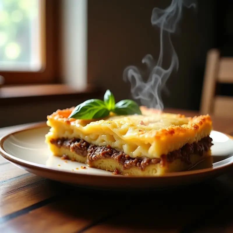 Pastel italiano de capas con rodajas de papa amarilla, berenjena asada, carne picada de ternera y queso mozzarella fundido, cubierto con bechamel light dorada y espolvoreado con parmesano. Servido en molde rectangular con hojas de albahaca fresca.