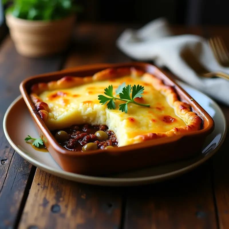 Pastel de papa y carne de res estilo chileno al horno, con capas visibles de puré de papa dorado y relleno jugoso de carne desmenuzada con pasas y aceitunas, servido en molde rectangular de cerámica.