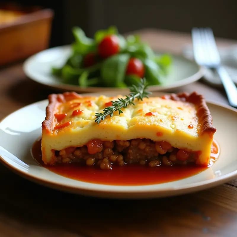 Pastel de papa y carne picada con salsa de tomate francesa en molde rectangular, capas visibles de puré dorado y carne jugosa, servido en porción con ensalada verde al lado.