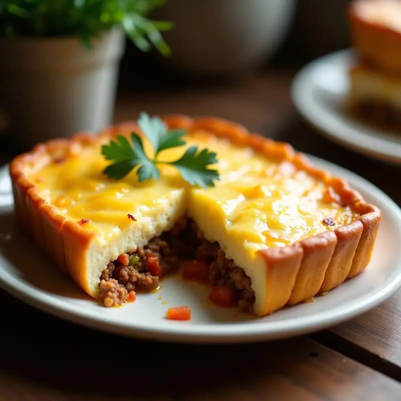 Pastel de papa colombiano con carnes mezcladas horneado, capas visibles de puré dorado y relleno jugoso de carne, servido en molde rectangular con queso gratinado arriba.
