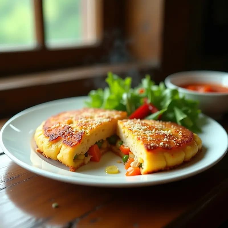 Pastel de papa colombiano dorado y crujiente relleno de pollo y verduras, servido en porción individual sobre plato blanco, con fondo de ensalada fresca y ají picante.