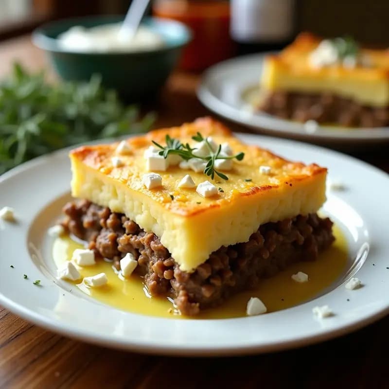 Pastel de papa griego en olla express con capas de carne de cordero jugosa, patatas doradas y queso feta desmenuzado, decorado con hojas de menta fresca.