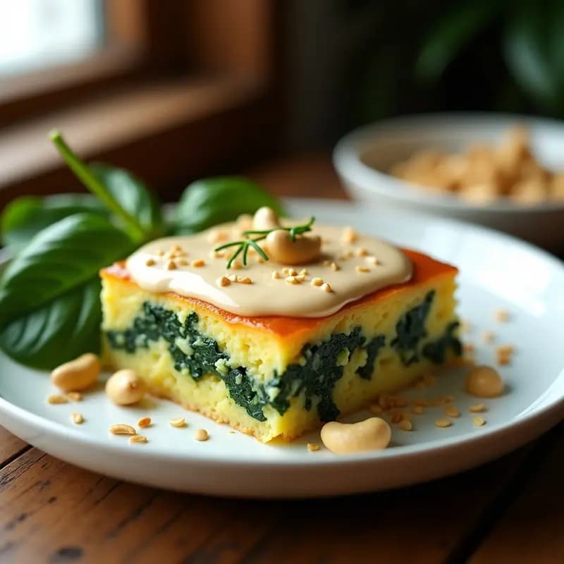 Pastel de papa y espinacas con crema de anacardos vegano, cortado en porciones cuadradas, mostrando capas de puré de papa blanco, relleno verde de espinacas y tofu, y crema dorada de anacardos por encima. Servido en plato rústico de barro con fondo de madera oscura.