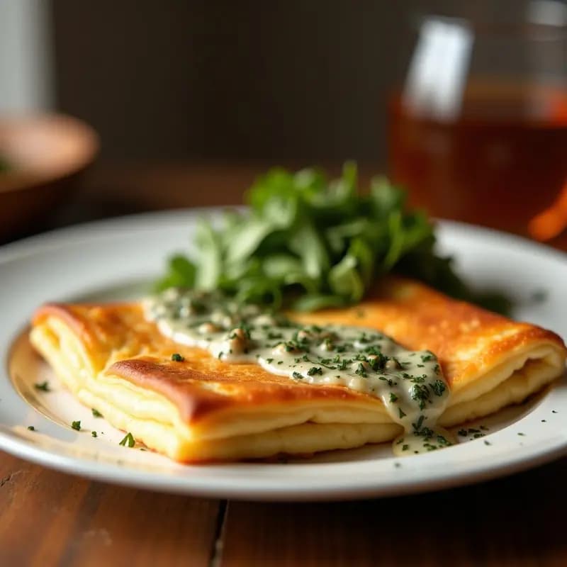 Pastel de papa y espinacas con salsa de queso azul sin gluten, servido en porción cuadrada sobre plato blanco. Capas visibles de puré de papa dorado, relleno verde de espinacas y salsa cremosa de queso azul con trocitos de nuez. Fondo rústico con mantel de lino beige.