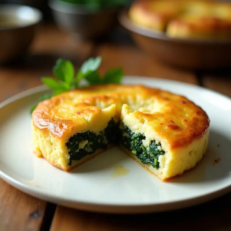 Pastel de papa argentino vegano con relleno de espinacas y tofu, horneado hasta dorar, servido en porción cuadrada sobre plato blanco con fondo rústico de madera.