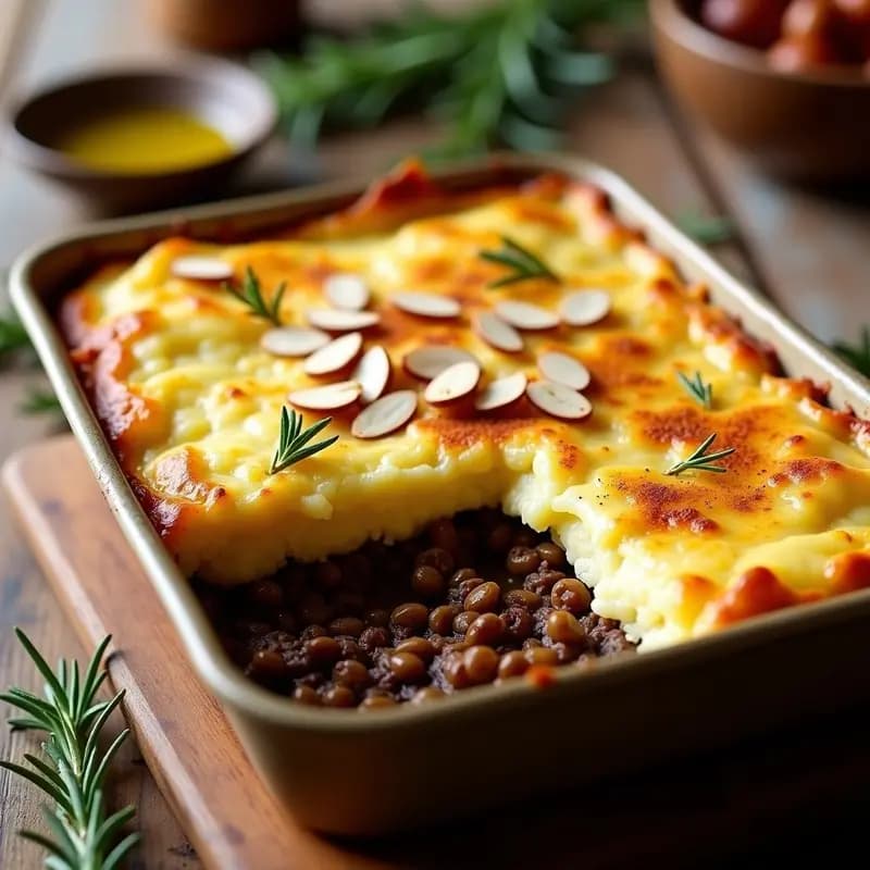 Pastel de papa colombiano keto en molde rectangular, con capas doradas de puré de coliflor y relleno oscuro de hongos portobello desmenuzados. Decorado con almendras fileteadas tostadas y un hilo de aceite de oliva sobre fondo rústico de madera.