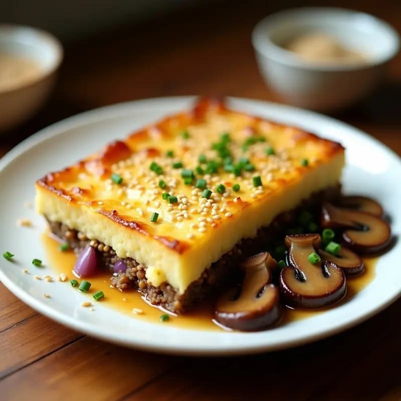Pastel de papa vegano con hongos shitake en molde rectangular, dorado por encima con semillas de sésamo negro. Capas visibles de puré de patata cremoso y relleno oscuro de shitake salteados. Decorado con perejil fresco y hilo de aceite de sésamo.