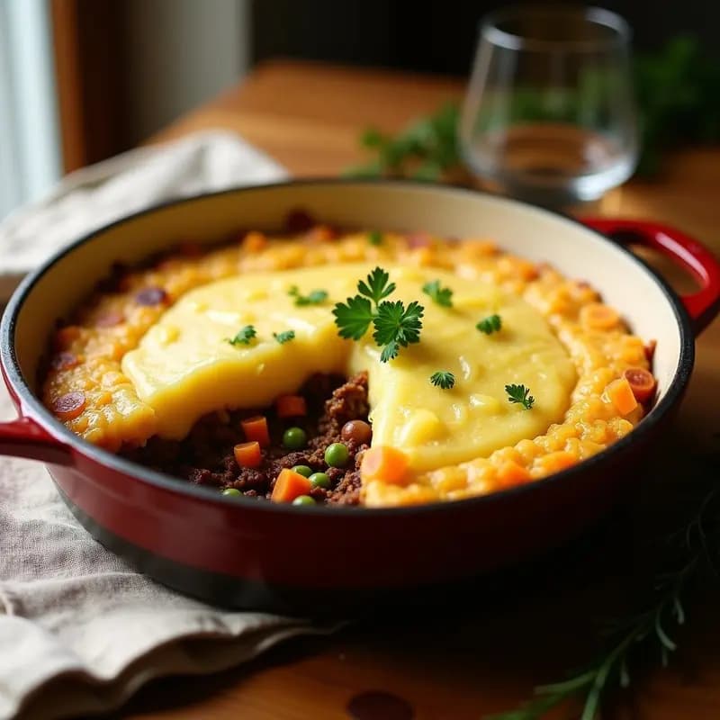 Pastel de papa vegano con relleno de jackfruit desmenuzado y especias jamaicanas, horneado hasta dorar, servido en fuente de barro con cilantro fresco y rodaja de limón.