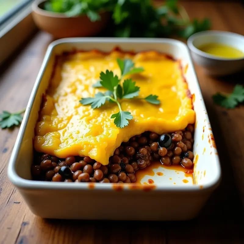 Pastel de papa peruano vegano y sin gluten en molde rectangular, con capas visibles de puré de papa dorado y relleno de lentejas oscuras con aceitunas, decorado con hojas de cilantro fresco sobre fondo rústico de madera.