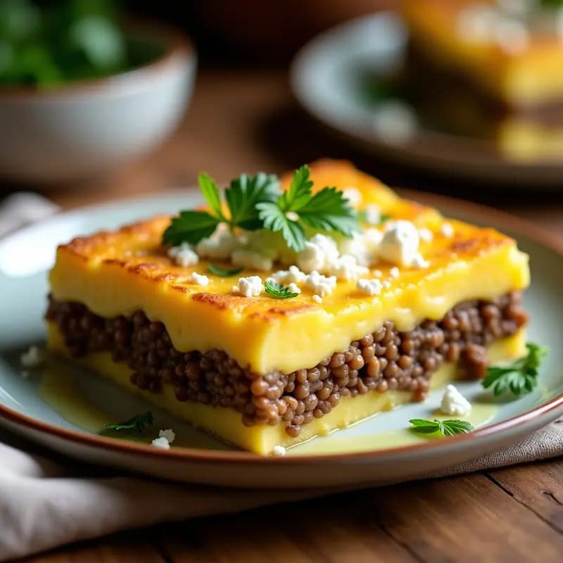 Pastel de papa peruano dorado al horno con capas visibles de puré de papa amarilla, relleno de lentejas estofadas y queso fresco de almendra desmenuzado, decorado con hojas de cilantro fresco en un plato rústico de barro.