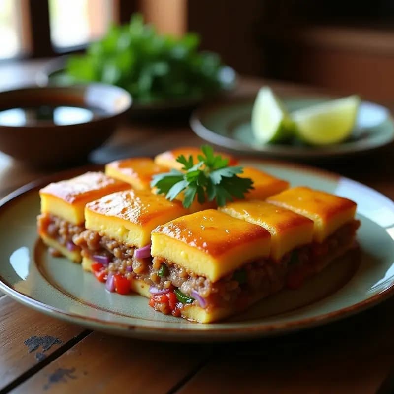 Pastel de papa peruano dorado en horno, cortado en porciones cuadradas, mostrando capas de puré de papa amarilla y relleno de lomo saltado con cebolla morada, tomate y pimiento rojo, decorado con cilantro fresco. Receta fusion peruano-china.