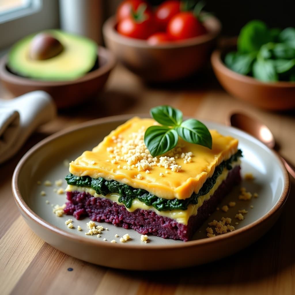 Pastel de papa morada y espinacas con bechamel de anacardos en molde rectangular, capas visibles de color morado intenso, verde y crema, servido en plato de barro con ensalada de aguacate al lado, receta vegana colombiana.