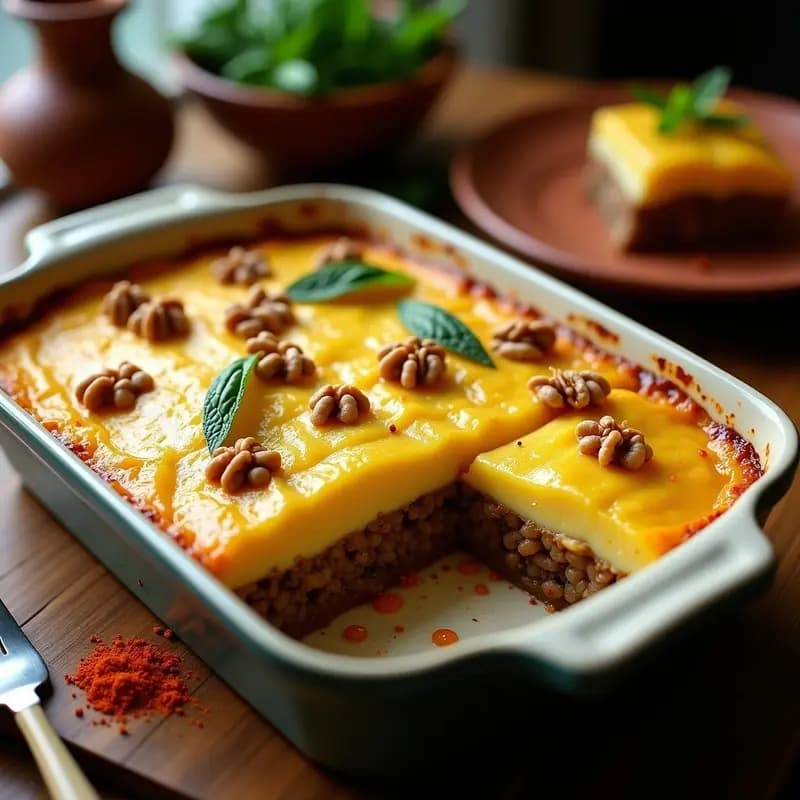 Pastel de papa peruano vegano en molde rectangular, con capas visibles de puré de papa amarilla y lentejas pardinas especiadas, decorado con nueces picadas y hierbabuena fresca, servido en plato de barro rústico.