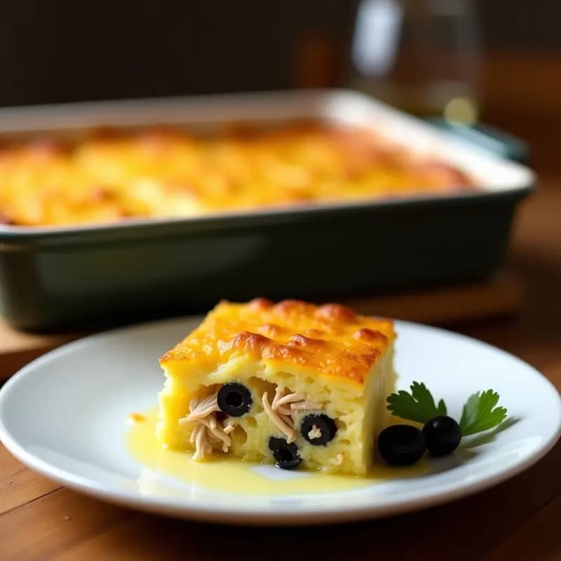 Pastel de papa peruano en molde rectangular, con capas visibles de puré de papa amarillo esponjoso y relleno de pollo desmenuzado con aceitunas negras, gratinado con queso parmesano dorado, servido en porción cuadrada sobre plato blanco.