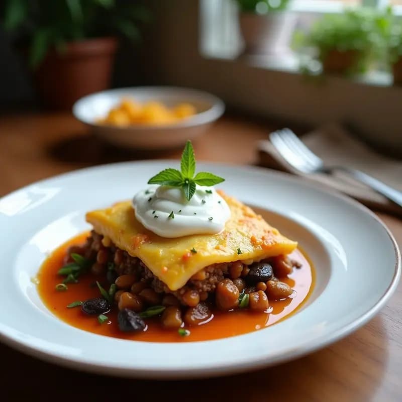 Pastel de pastor griego en capas con berenjena asada dorada, relleno de cordero especiado y cubierto con una cremosa salsa de yogur de coco, decorado con orégano fresco y piñones tostados, servido en fuente de cerámica blanca sobre mesa rústica.